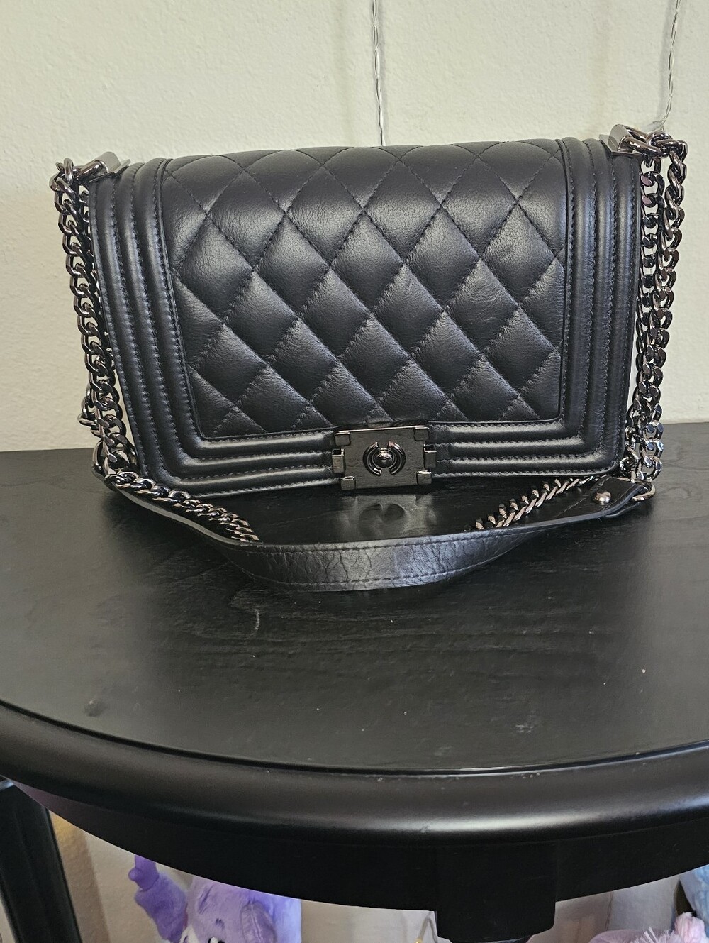 Fashion Drug black quilted leather crossbody bag with chain strap